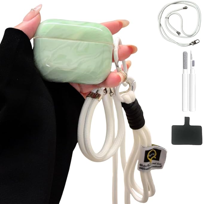 Compatible AirPods Pro 1st/2nd Gen Case (2023/2022/2019) - Cute Green Marble Silicone Cover with Detachable Neck Strap, Shockproof Travel Protection Case for Women & Men-Keychain Accessories