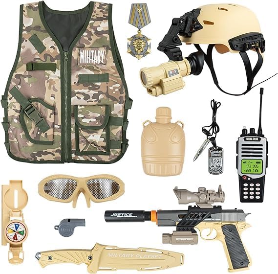 RedCrab Kids Army Costume, 12 Pcs Military Soldier Combat Dress Up Set for Aged 3-12 Toddlers, Camouflage War Accessories Halloween Role Play Costume for Children Boys
