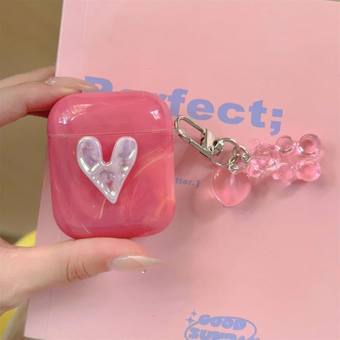 Silicone Case for AirPods 1st/2nd Generation;Women's Pink Marble Shock-Resistant Cover with 3D Heart Design, Adjustable Neck Strap & Keychain, Travel-Friendly Protective Case for Girls Women