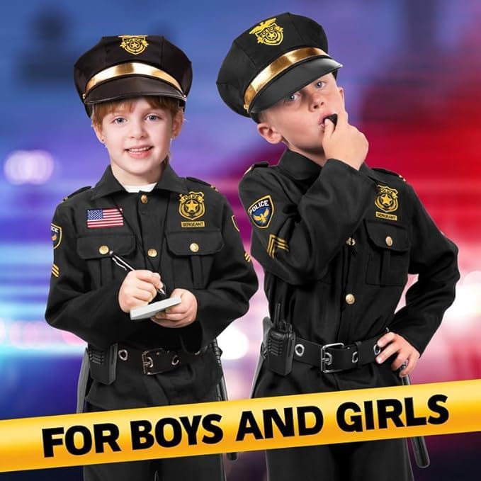 Kangaroo Police Costume for Kids – 12 Pc Black Cop Outfit with Hat, Badge, Handcuffs, Holster & More