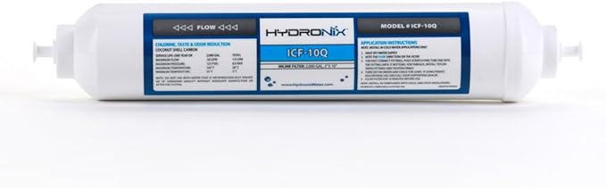 Hydronix ICF-10Q/3 Inline Post Activated Carbon Water Filter Replacement Cartridge with 1/4-Inch Quick Connect for Refrigerator, Ice Maker, RO Reverse Osmosis System, 2000 Gallons (3 Pack)