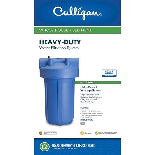 Culligan HD-950A Heavy-Duty Whole House Water Filter Housing – 1" Inlet/Outlet, Premium Sediment Filtration System, UV-Resistant Opaque Design, Pressure Relief Valve, NSF Certified