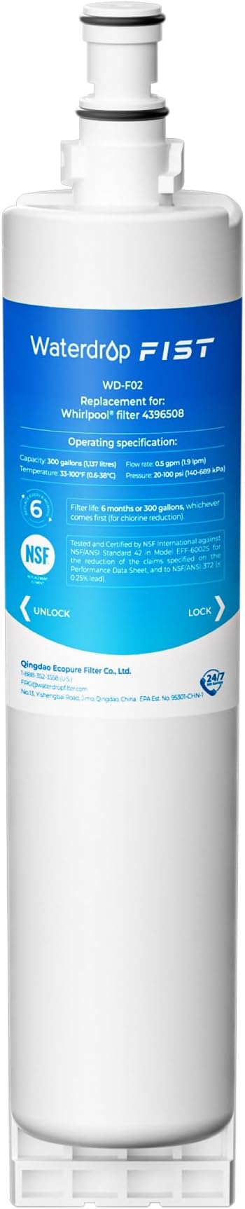 Waterdrop 4396508 Refrigerator Water Filter, Replacement for EveryDrop® Filter 5, EDR5RXD1 Whirlpool® 4396508, 4396510, 4392857, Kenmore® 46-9010, NLC240V, 1 Pack
