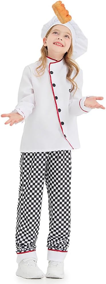 ODOLDI Kids Chef Costume - Boys Girls Coat, Pants, and Hat - 3PCS Toddler Dress Up Outfits