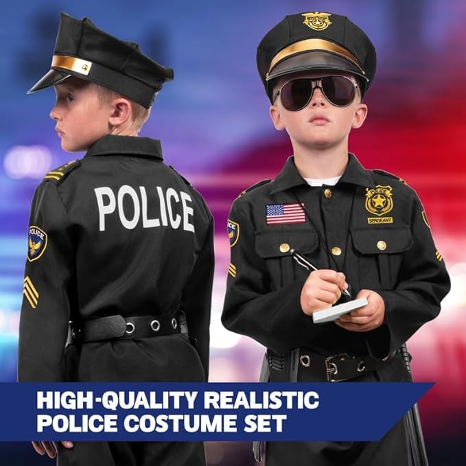 Kangaroo Police Costume for Kids – 12 Pc Black Cop Outfit with Hat, Badge, Handcuffs, Holster & More