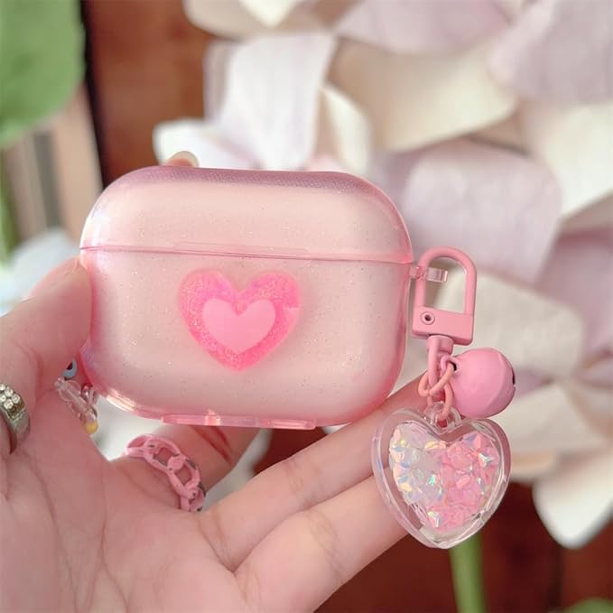 Compatible with AirPods Pro 1st/2nd Gen (2019-2023) Transparent Silicone Case, Cute Heart Design with Long Lanyard Keychain, Travel-Friendly Protective Cover for Women and Girls - Pink