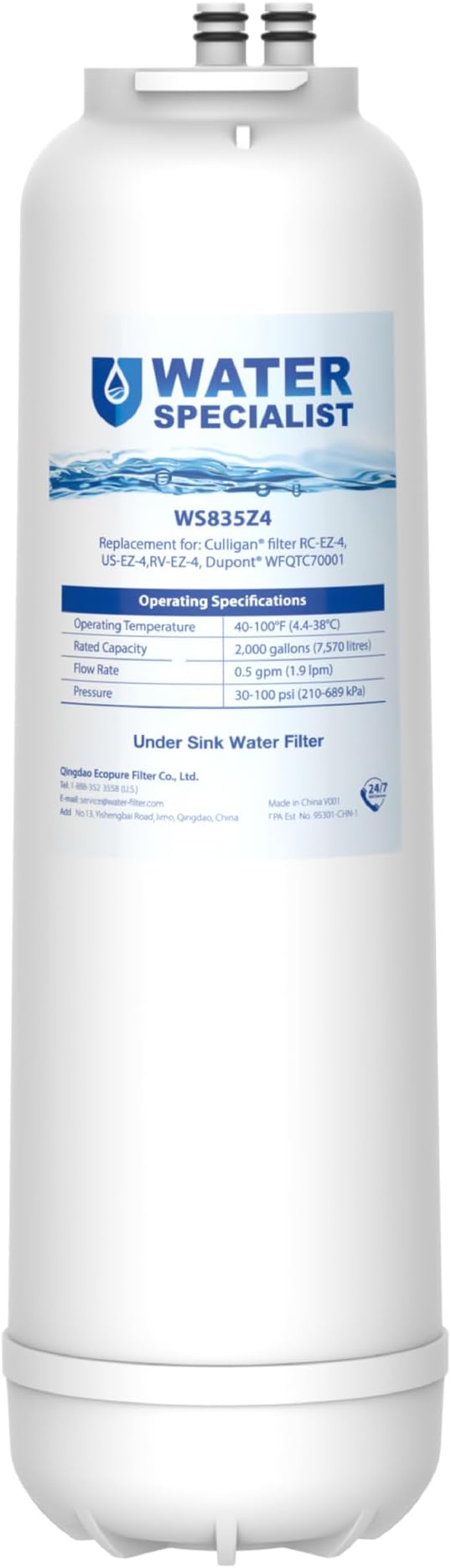 Waterspecialist RC EZ 4 Water Filter, Replacement for Culligan® RC-EZ-4, US-EZ-4, DuPont® WFQTC30001, WFQTC70001, 3000QT Filter, 2000 Gallons