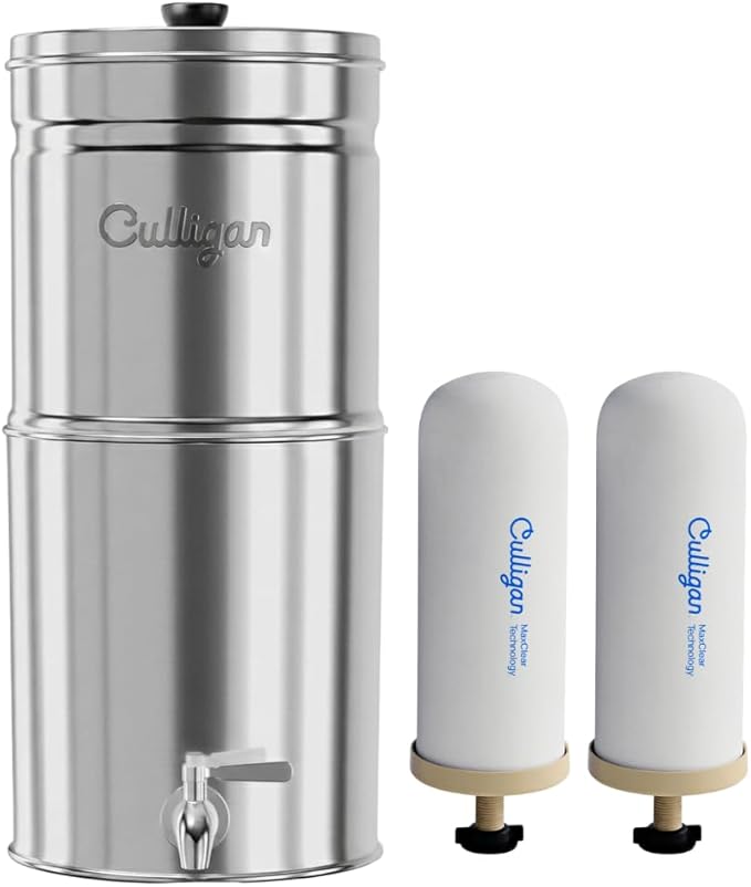 Culligan MaxClear 3 Gallon Gravity Water Filter System, Polished Stainless-Steel Countertop Water Filter NSF/ANSI Certified to Reduce Microplastics, Lead & Total PFAS, with 2 Ceramic Filters