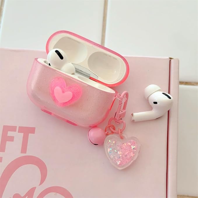 Compatible with AirPods Pro 1st/2nd Gen (2019-2023) Transparent Silicone Case, Cute Heart Design with Long Lanyard Keychain, Travel-Friendly Protective Cover for Women and Girls - Pink