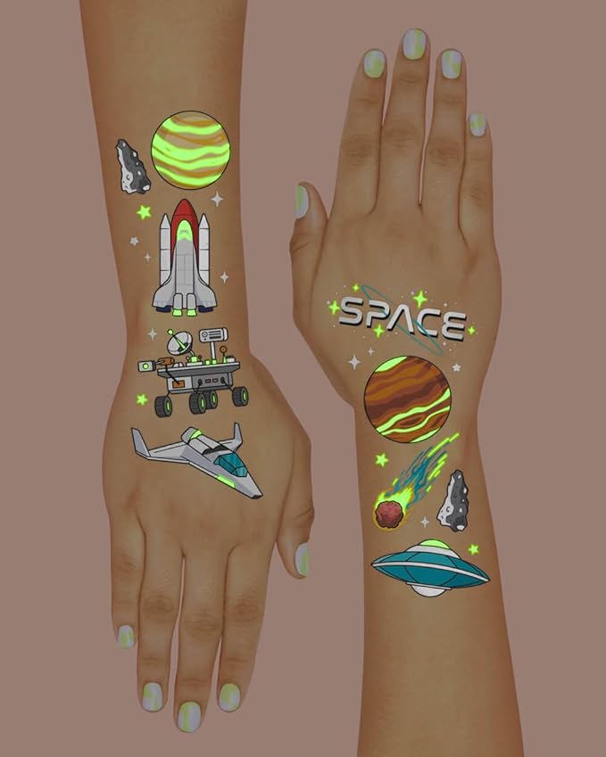 xo, Fetti Space + Planets Glow in Dark Temporary Tattoos for Kids - 50 pcs | Alien Birthday Party Supplies, Astronaut Favors + Rocket ship Decorations