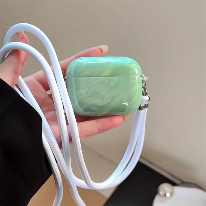 Compatible AirPods Pro 1st/2nd Gen Case (2023/2022/2019) - Cute Green Marble Silicone Cover with Detachable Neck Strap, Shockproof Travel Protection Case for Women & Men-Keychain Accessories