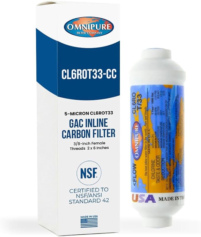 Omnipure CL10ROT33-CC Inline GAC Carbon Filter 5-Micron, 10" x 2" with 3/8" Female Thread Fittings, Removes Chlorine and Improves Taste & Odor for RO Systems, Ice Makers, Water Coolers, Fountains