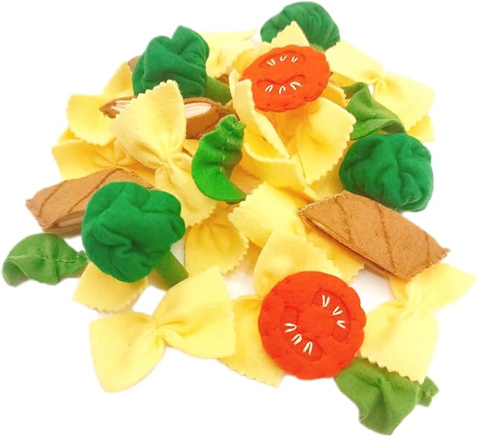 Pasta with broccoli, farfalle, bow tie pasta, felt play food for kids kitchen, pretend play for kids (beige, set 1 (farfalle, broccoli, chicken, tomatoes, basil))