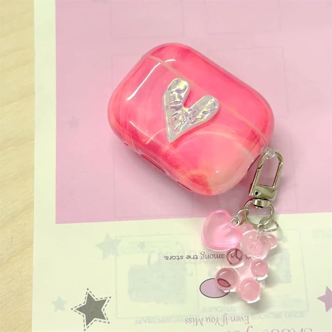 Compatible with AirPods Pro1st/2nd Gen (2023/2022/2019) Case:Pink Marble Silicone Cover with 3D Heart Design,Shockproof Protective Case with Long Adjustable Neck Strap & Keychain for Women Girls,Cute