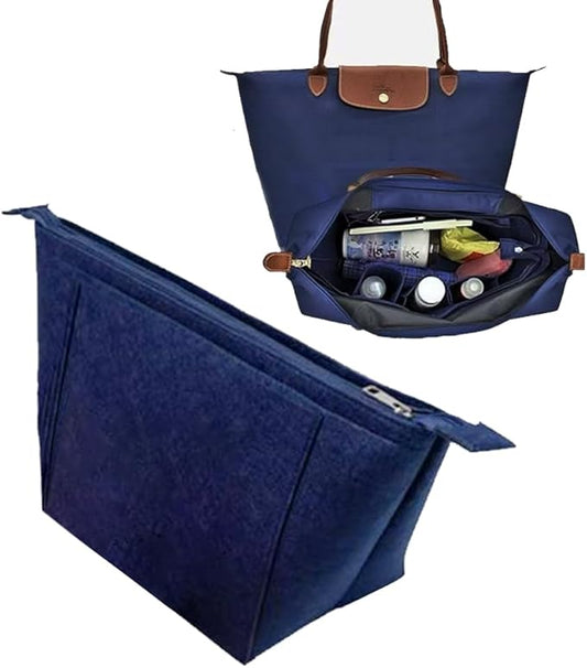 Chispee Purse Organizer Insert for Handbags, Softened Felt Insert Bag Organizer Handbag Organizer with Multiple Pockets and Zipper fit for Longchamp Bag (Navy Blue,L)