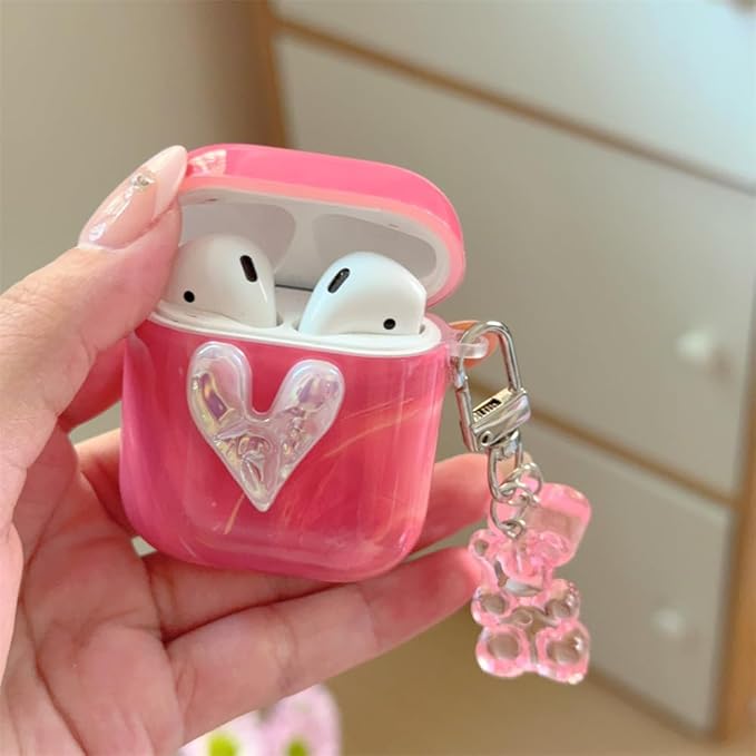 Silicone Case for AirPods 1st/2nd Generation;Women's Pink Marble Shock-Resistant Cover with 3D Heart Design, Adjustable Neck Strap & Keychain, Travel-Friendly Protective Case for Girls Women