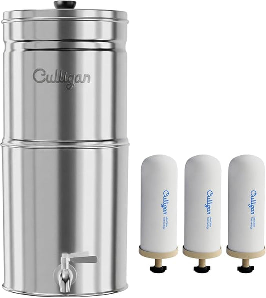 Culligan MaxClear 3 Gallon Gravity Water Filter System, Polished Stainless-Steel Countertop Water Filter NSF/ANSI Certified to Reduce Microplastics, Lead & Total PFAS, with 3 Ceramic Filters