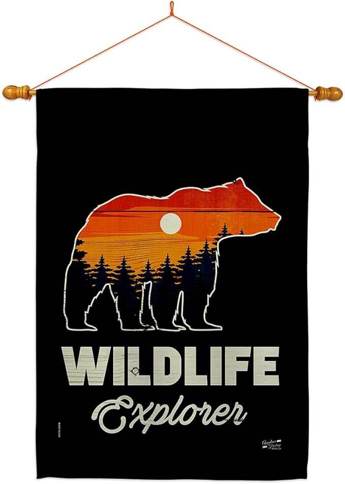 Wildlife Explorer House Flag Dowel Set Outdoor Adventure Rustic Camper RV Trailer Camp Site Campfire Small Decorative Gift Yard Banner Made In USA 28 X 40