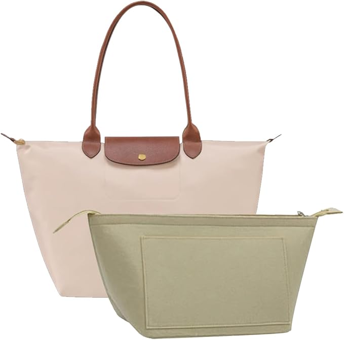 Chispee Purse Organizer Insert for Handbags, Felt Bag Organizer with Zipper Handbag Organizers for Longchamp Divider Pocket & Zipper Inner Bag Liner (Beige,M)