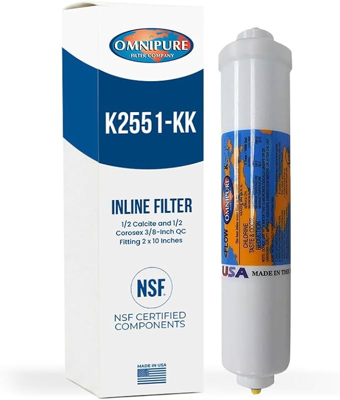Omnipure K2551-KK Inline Water Filter 3/8 Inch Quick Connect Tubing 1/2 Calcite 1/2 Corosex Cartridge Raises Low pH Enhances Taste and Protects RO Systems 2 x 10 Inch Made in USA
