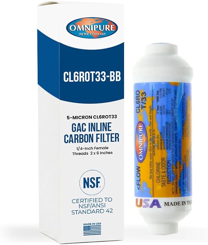 Omnipure CL10ROT33-BB Inline Water Filter, 1/4" FPT, Granular Carbon Replacement Cartridge, In-Line Water Filters for Under-Sink RO, Water Coolers, Ice Machines, RVs, NSF Certified and Made in USA