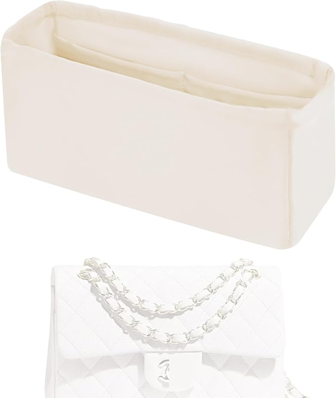 Purse Handbag Silky Organizer Insert Keep Bag Shape Fits Chanel Classic Flap CF Mini Square 17/20/Small/Medium/Jumbo/Maxi Bags, Luxury Handbag Tote Lightweight Sturdy(CF Medium 25,Craie)