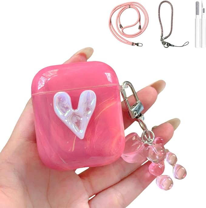 Silicone Case for AirPods 1st/2nd Generation;Women's Pink Marble Shock-Resistant Cover with 3D Heart Design, Adjustable Neck Strap & Keychain, Travel-Friendly Protective Case for Girls Women