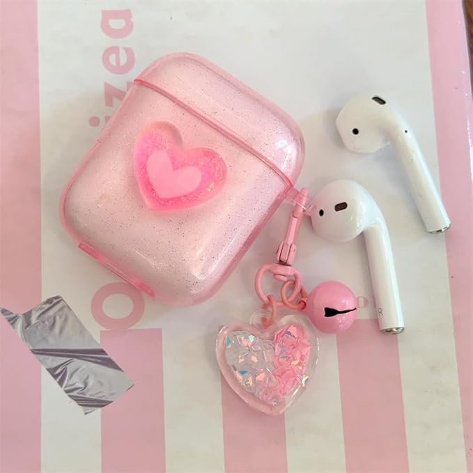 Compatible with AirPods 1st & 2nd Gen Transparent Silicone Case, Cute Pink Heart Design with Adjustable Lanyard Keychain, Travel-Friendly Protective Cover for Women & Men