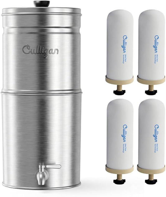 Culligan MaxClear 2.25 Gallon Gravity Water Filter System, Brushed Stainless-Steel Countertop Water Filter NSF/ANSI Certified to Reduce Microplastics, Lead & Total PFAS, with 4 Ceramic Filters