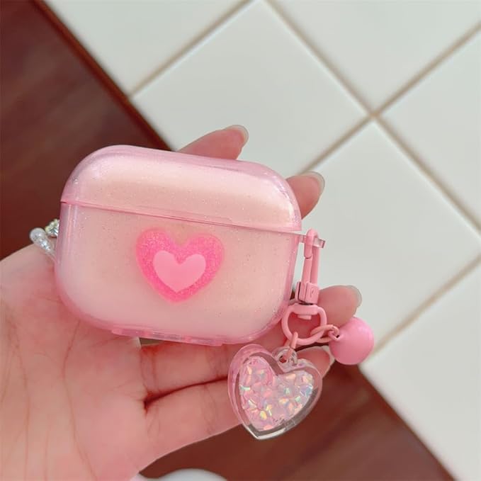 Compatible with AirPods Pro 1st/2nd Gen (2019-2023) Transparent Silicone Case, Cute Heart Design with Long Lanyard Keychain, Travel-Friendly Protective Cover for Women and Girls - Pink