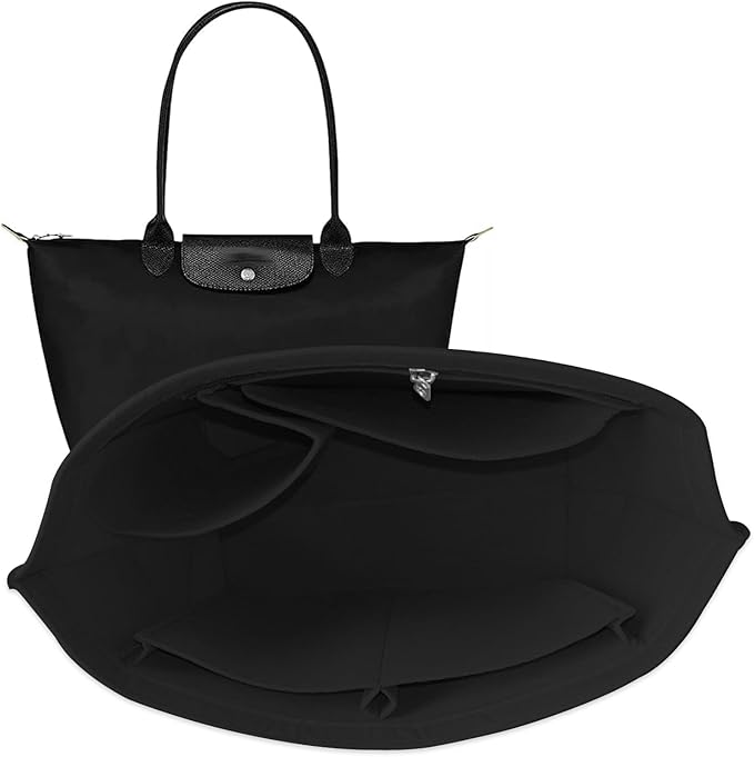 Chispee Felt Purse Organizer Insert Luxury Handbag Organizers for Longchamp Divider Pocket & Zipper Inner Bag Liner fit Small, Black