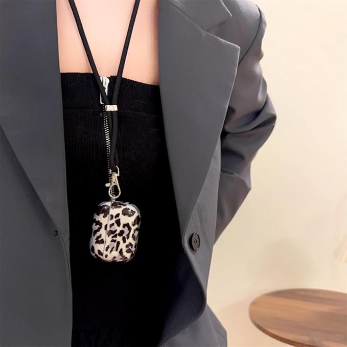 Compatible with AirPods Pro 1st/2nd Generation Case (2019/2022/2023) - Transparent Black Leopard Silicone Cover with Adjustable Neck Strap & Keychain, Cute Shockproof Travel Case for Women Girl
