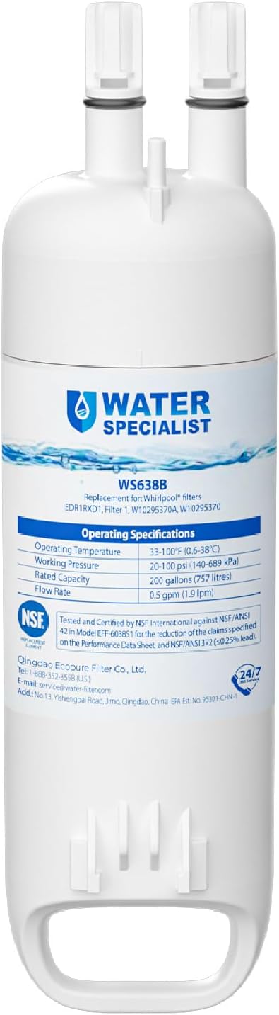 Waterspecialist EDR1RXD1 Water Filter, Replacement for Everydrop® Filter 1, W10295370A, EDR1RXD1B, P8RFWB2L, P4RFWB, Kenmore® 46-9081, 46-9930, WS638 Refrigerator Water Filter, 1 Filter