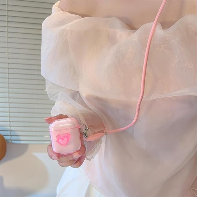 Compatible with AirPods 1st & 2nd Gen Transparent Silicone Case, Cute Pink Heart Design with Adjustable Lanyard Keychain, Travel-Friendly Protective Cover for Women & Men