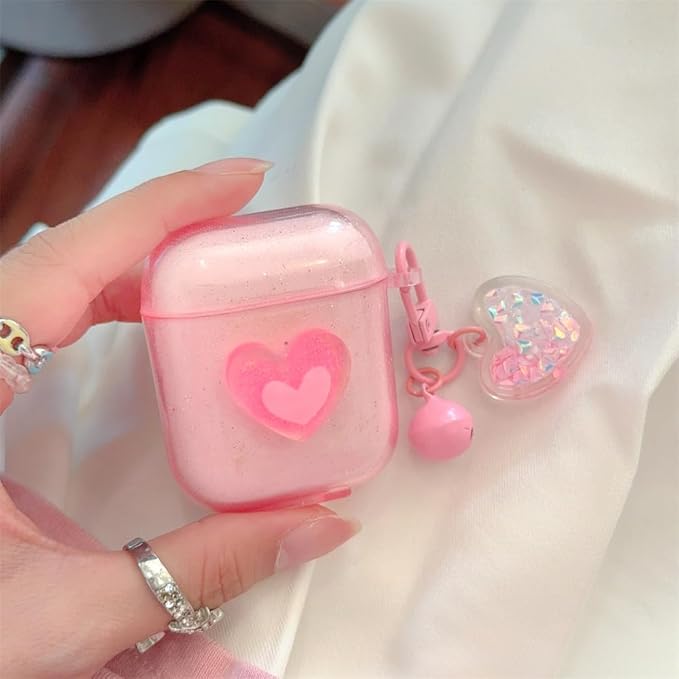 Compatible with AirPods 1st & 2nd Gen Transparent Silicone Case, Cute Pink Heart Design with Adjustable Lanyard Keychain, Travel-Friendly Protective Cover for Women & Men