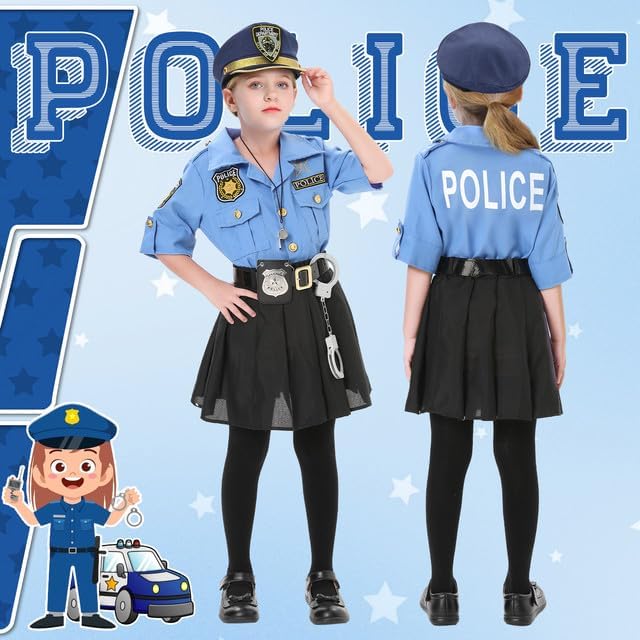 Lumiparty Police Officer Costume for Kid,Girls Police Costume,Halloween Cop Costume Outfit Set for Roleplay Dress Up