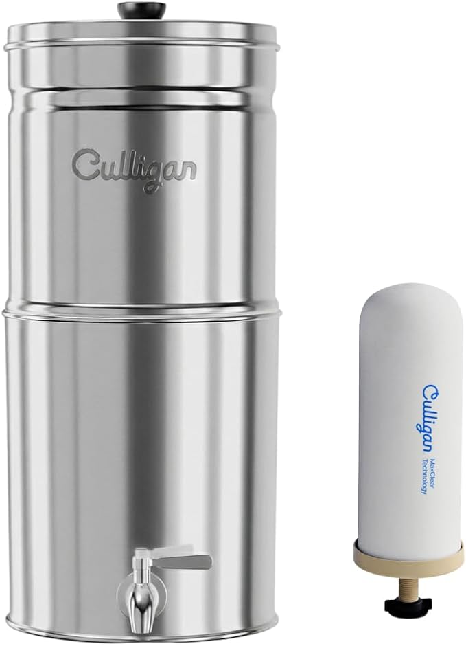Culligan MaxClear 2.25 Gallon Gravity Water Filter System, Removes Microplastics, PFAS & Lead, NSF/ANSI Certified, Polished Stainless-Steel Countertop Filter with 1 Ceramic Filter