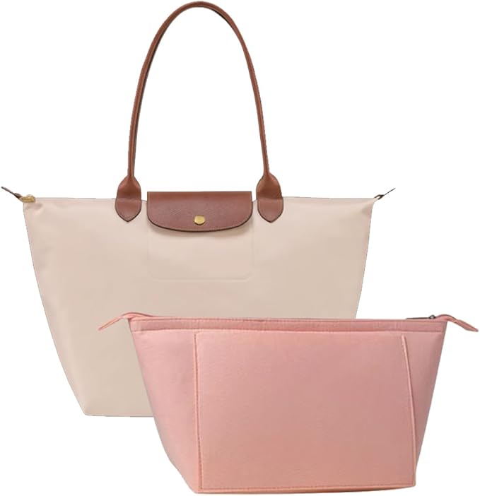 Chispee Purse Organizer Insert for Handbags, Felt Bag Organizer with Zipper Handbag Organizers Longchamp Divider Pocket & Zipper Inner Bag Liner (Pink,S)