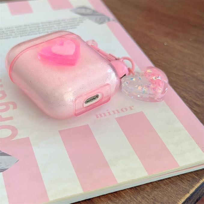 Compatible with AirPods 1st & 2nd Gen Transparent Silicone Case, Cute Pink Heart Design with Adjustable Lanyard Keychain, Travel-Friendly Protective Cover for Women & Men