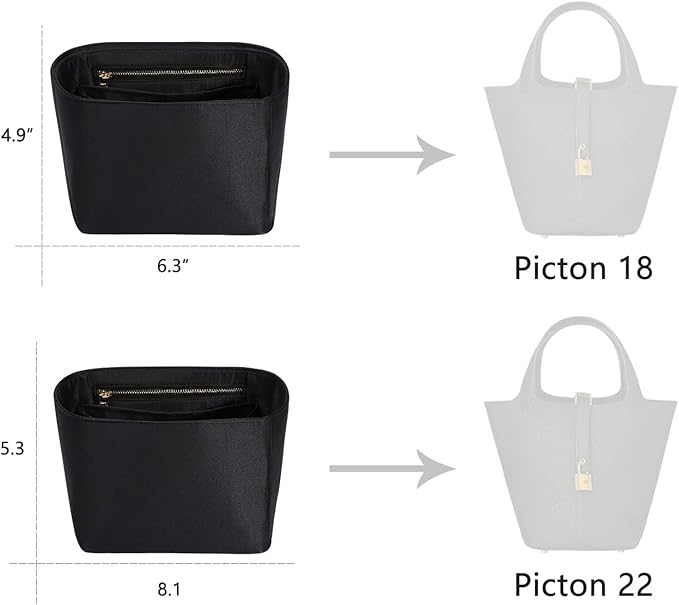 ZTUJO Picotin 18 Organizer Hermes, Picotin bag insert, Luxury Purse Organizer Insert Silky Smooth Fits Picotin 22 Bags（Black