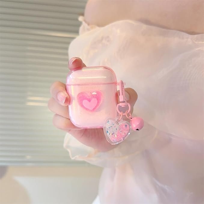Compatible with AirPods 1st & 2nd Gen Transparent Silicone Case, Cute Pink Heart Design with Adjustable Lanyard Keychain, Travel-Friendly Protective Cover for Women & Men