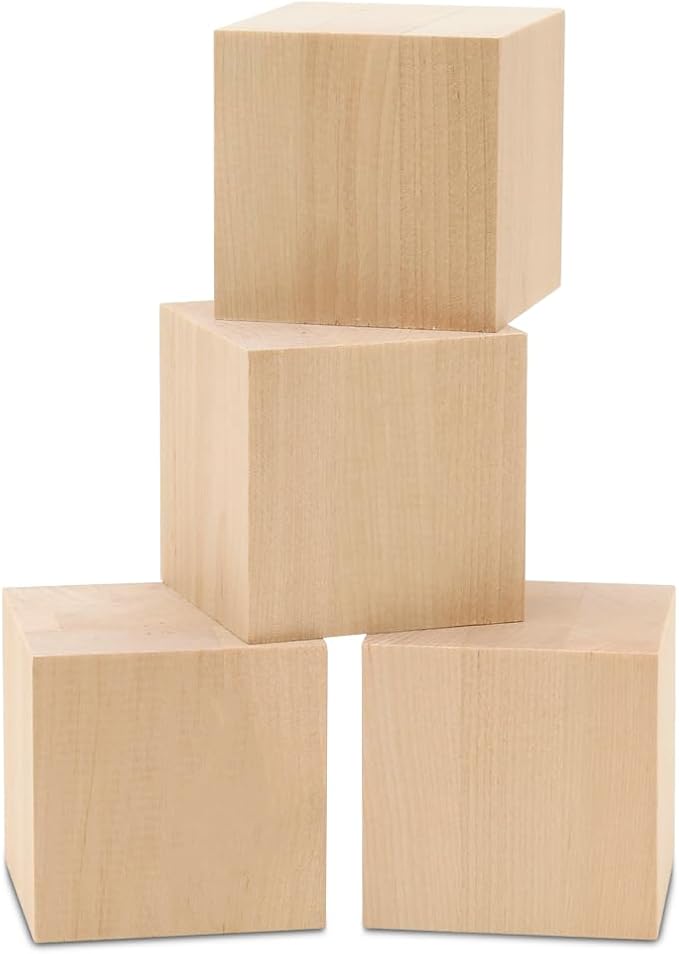DIY Wood Cubes 6-inch, Pack of 4 Large Blank Wooden Blocks for Crafts, STEM, Building, Monitor Riser, Photo Cube Craft, and Home Decor, by Woodpeckers