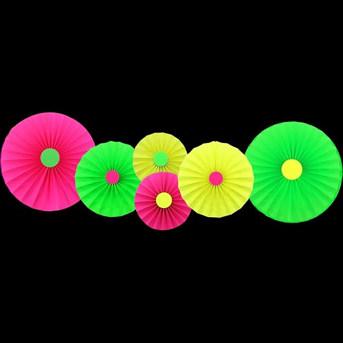 6Pcs UV Neon Hanging Paper Fans - Flowers Glow Paper Fans - Party Supplies and Decorations - Glow in The Dark Blacklight Reactive Fluorescent Black Light Kit - Neon Party for Birthday Wedding