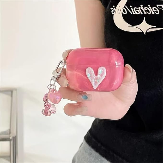 Compatible with AirPods Pro1st/2nd Gen (2023/2022/2019) Case:Pink Marble Silicone Cover with 3D Heart Design,Shockproof Protective Case with Long Adjustable Neck Strap & Keychain for Women Girls,Cute