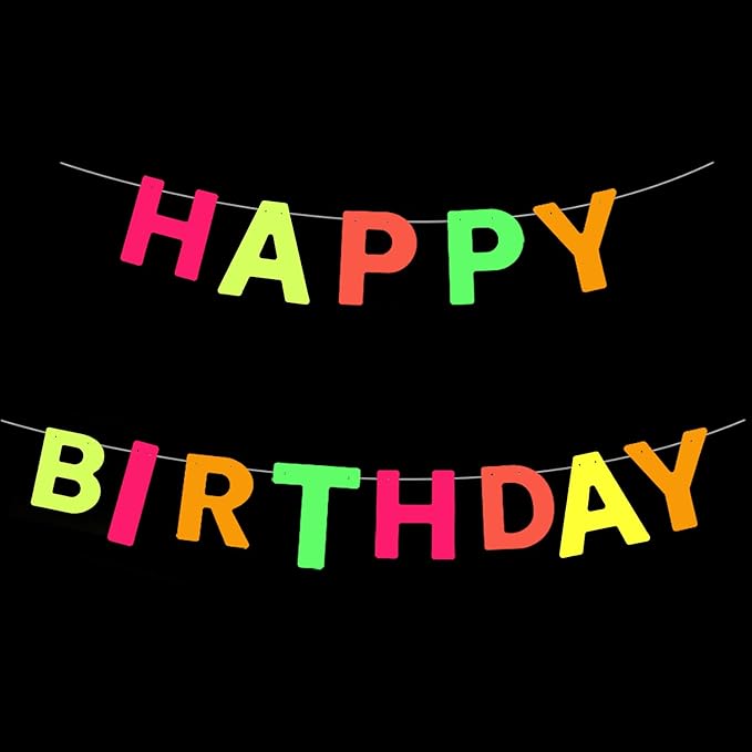 UV Neon Happy Birthday Banner Glow in the Dark Glow Party Supplies Decorations Glow in the Dark Blacklight Reactive Fluorescent Neon Party Supplies Birthday Black Light Party (Happy Birthday Banner)