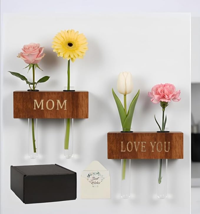 Mini Magnetic Wooden Vases with MOM & Love You Engraving - Wood Blocks with Test Tubes, Tabletop & Fridge Decor, Mom Gifts from Daughter, Unique Birthday Gifts for Mom from Son (Walnut)