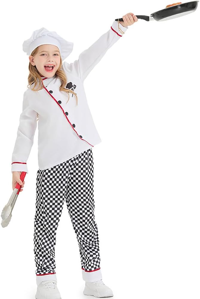 ODOLDI Kids Chef Costume - Boys Girls Coat, Pants, and Hat - 3PCS Toddler Dress Up Outfits