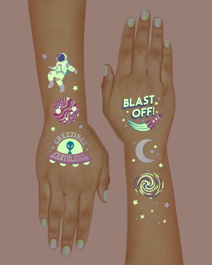 xo, Fetti Space + Planets Glow in Dark Temporary Tattoos for Kids - 50 pcs | Alien Birthday Party Supplies, Astronaut Favors + Rocket ship Decorations