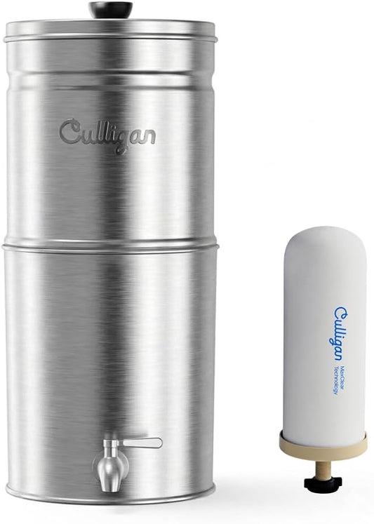 Culligan MaxClear 2.25 Gallon Gravity Water Filter System, Removes Microplastics, PFAS & Lead, NSF/ANSI Certified, Brushed Stainless-Steel Countertop Filter with 1 Ceramic Filter
