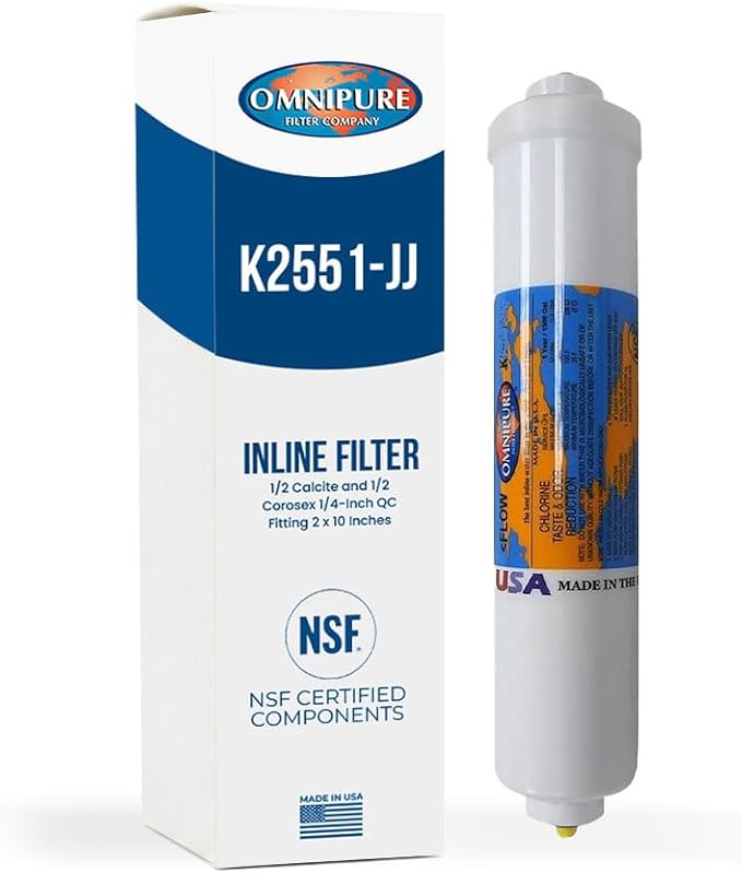 Omnipure K2551 Inline Water Filter 2 x10 Inches with Calcite and Corosex Raises Low pH for Acidic Water Fits 1/4" Quick Connect Tubing Increases Alkalinity for RO Systems K2551-JJ